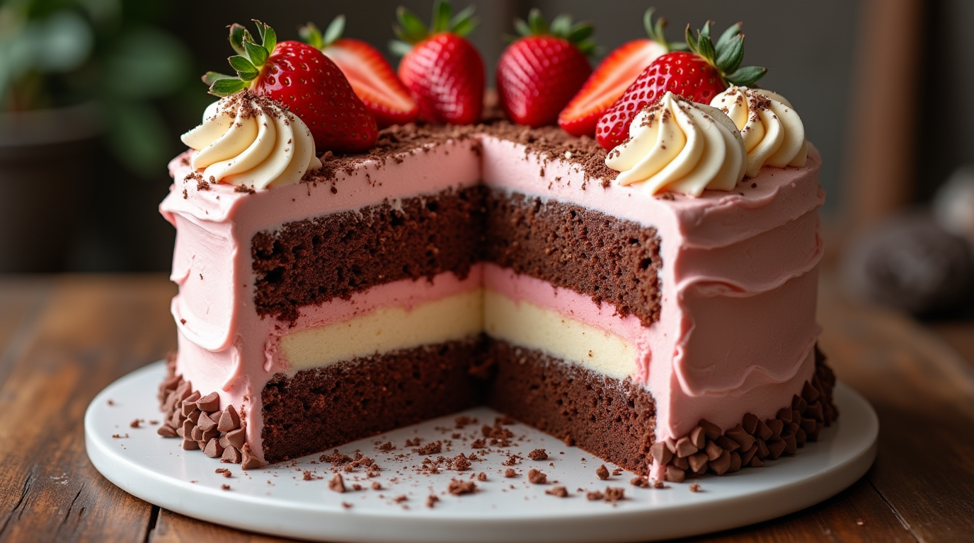 A beautifully layered Neapolitan cake with pink strawberry, white vanilla, and brown chocolate layers, topped with whipped cream and colorful sprinkles.