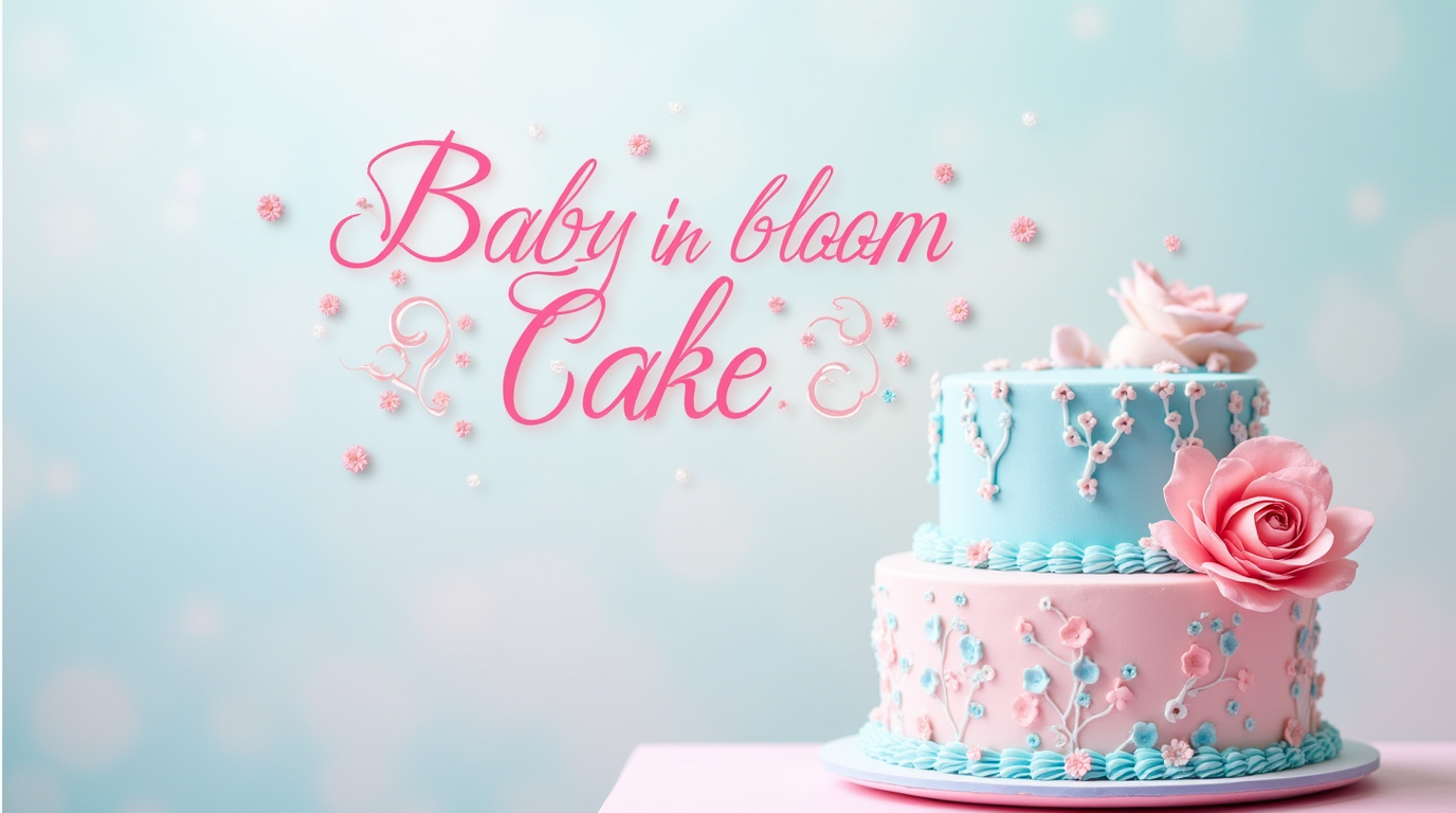 A beautifully decorated "Baby in Bloom" cake with pastel floral accents, delicate buttercream flowers, and a charming topper celebrating a baby shower.