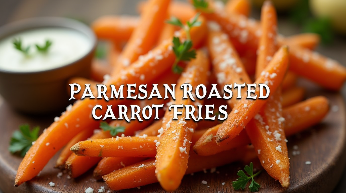 A plate of crispy Parmesan roasted carrot fries, garnished with fresh parsley and served with a side of dipping sauce.