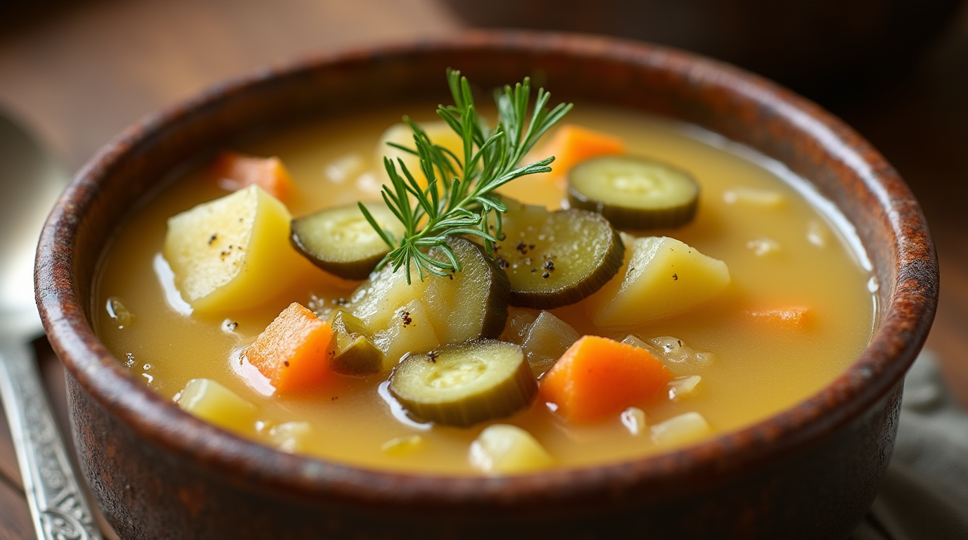 A bowl of creamy Polish dill pickle soup garnished with fresh dill, served with a side of crusty bread.