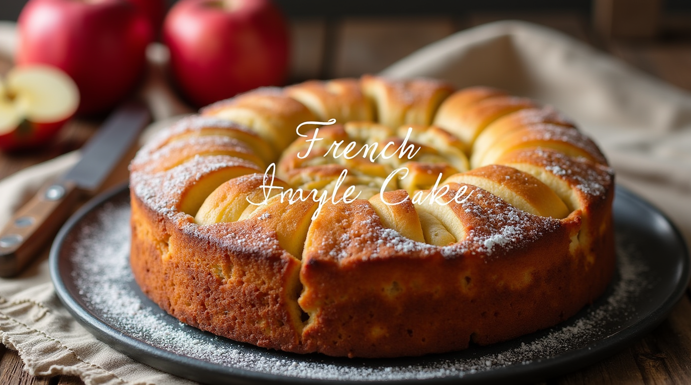 A freshly baked French apple cake with a golden, slightly crisp top, dusted with powdered sugar, and slices of apple visible within the moist, buttery layers.