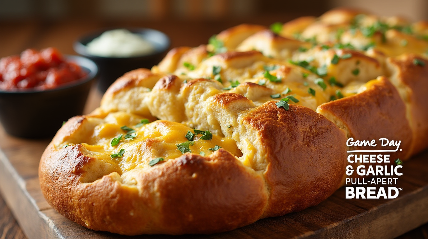 Golden, cheesy garlic pull-apart bread with melted cheese oozing between crispy, buttery slices, garnished with fresh herbs and served on a wooden board.