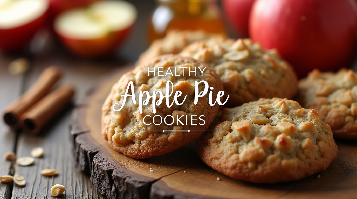 A stack of golden-brown apple pie oatmeal cookies with chunks of apple and a sprinkle of cinnamon, resting on a wooden surface with a cozy autumn backdrop.