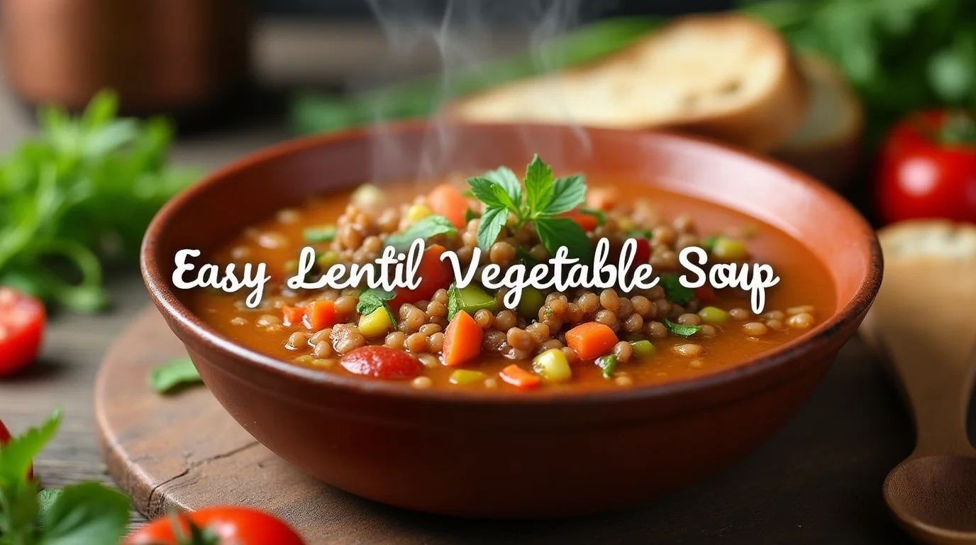A bowl of hearty lentil vegetable soup with carrots, celery, and tomatoes, garnished with fresh parsley.