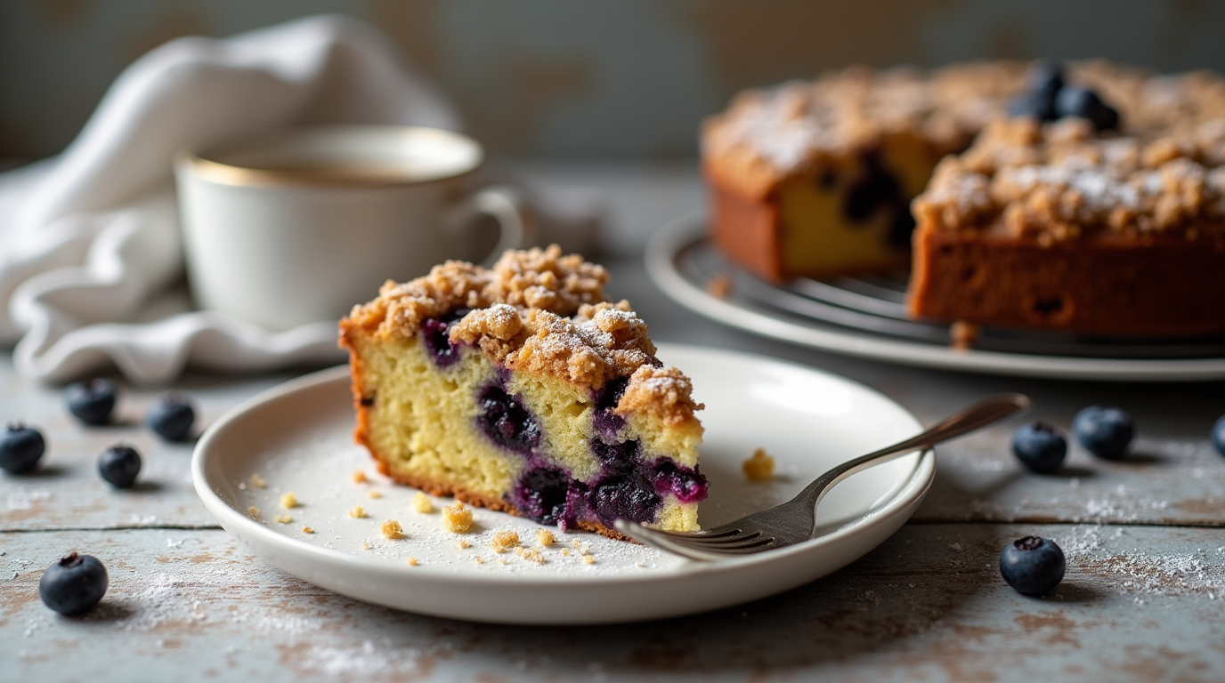 A slice of blueberry buckle coffee cake with a golden, crumbly streusel topping, showing plump blueberries inside, placed on a rustic plate.