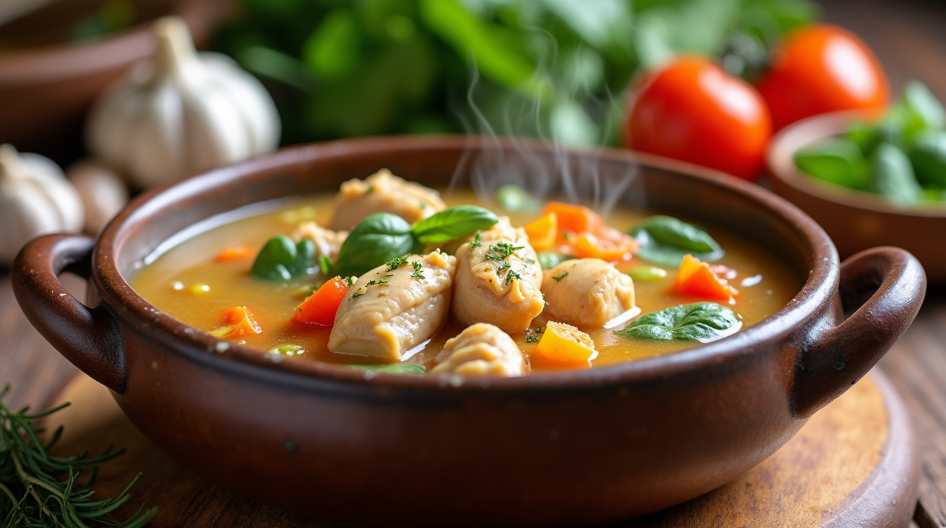 A steaming bowl of Tuscan chicken soup filled with shredded chicken, white beans, spinach, and tomatoes, garnished with fresh herbs and served with crusty bread.