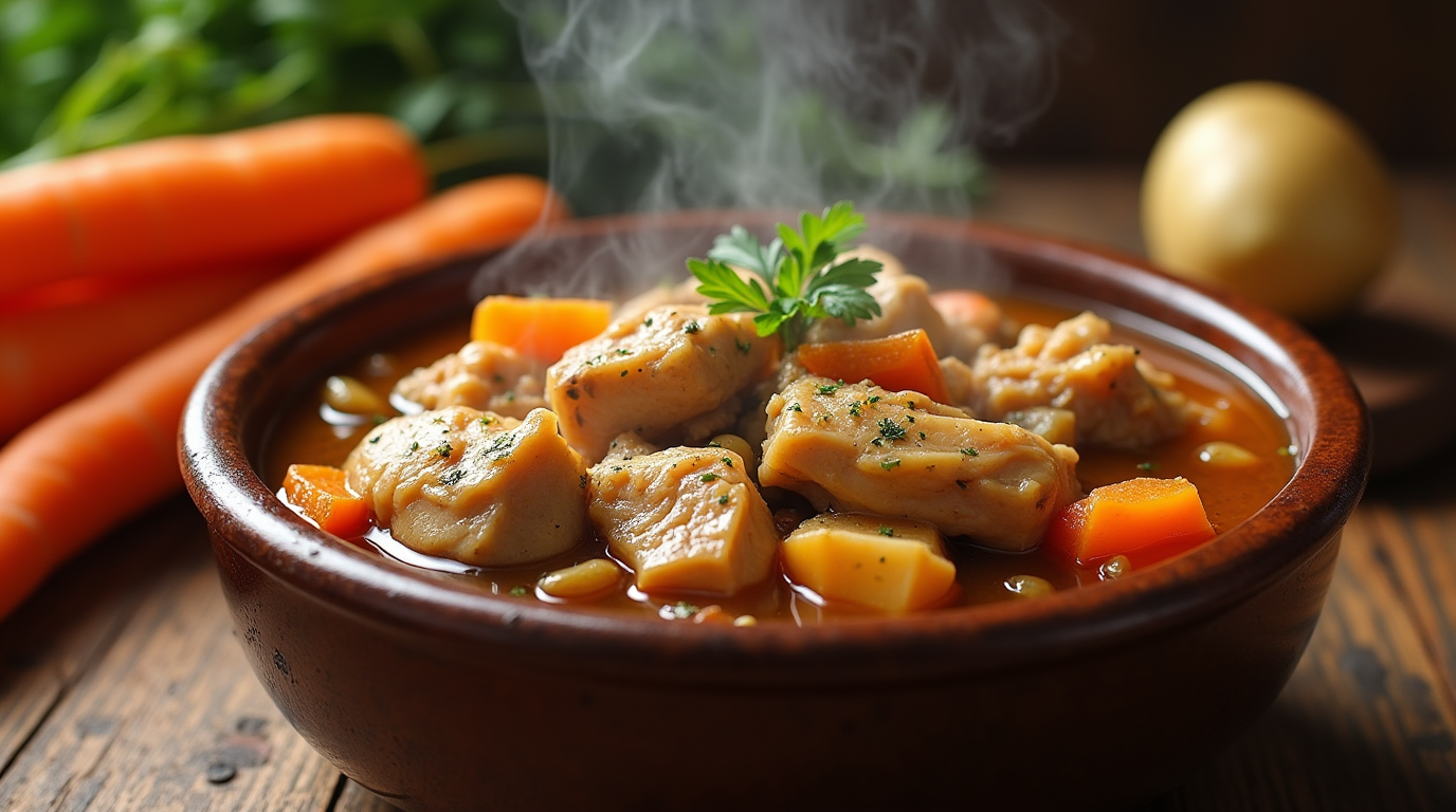 A bowl of hearty chicken stew with tender chicken pieces, vegetables, and a rich, flavorful broth, garnished with fresh herbs.