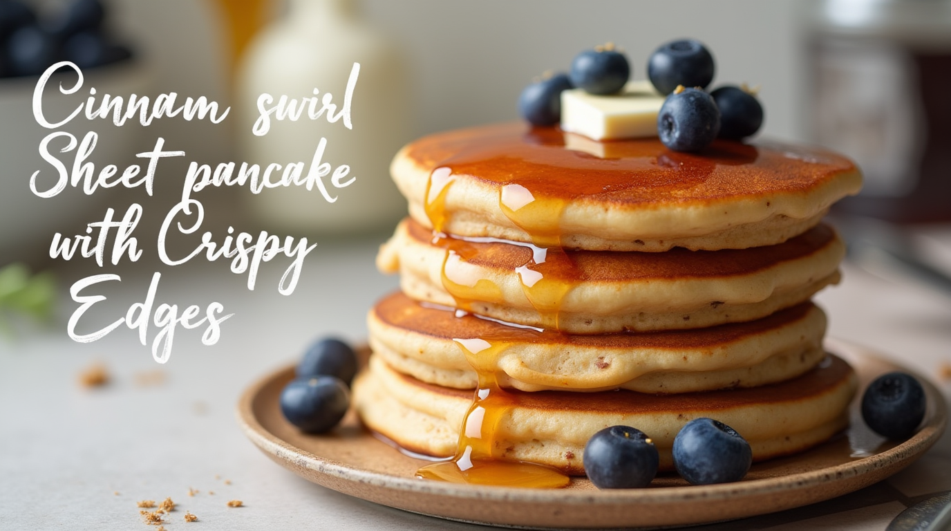 A freshly baked sheet pan filled with golden-brown Cinnamon Swirl Sheet Pan Pancakes, topped with a beautiful cinnamon-sugar swirl and a drizzle of icing. The pancakes are cut into squares, with one piece slightly lifted to reveal a soft, fluffy texture.