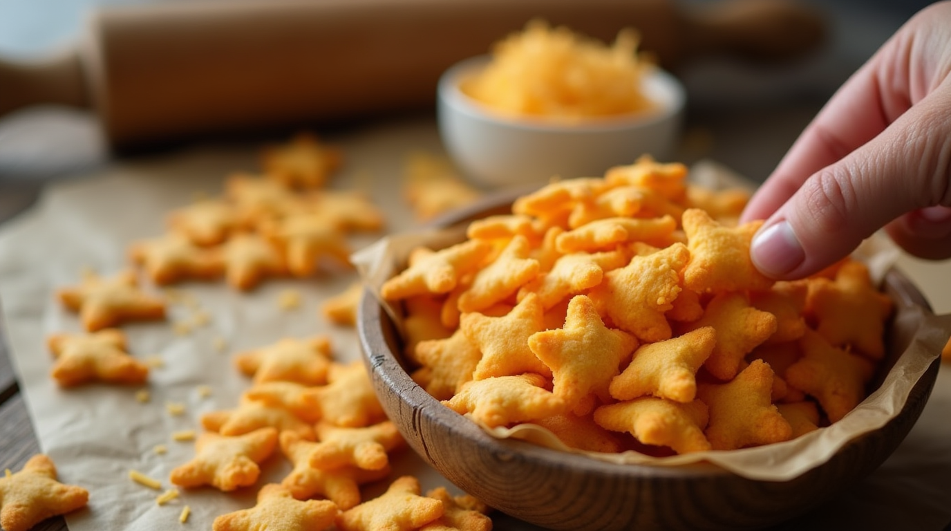 A bowl of crispy, golden Homemade Goldfish Crackers shaped like tiny fish, with a light, flaky texture and a cheesy flavor.