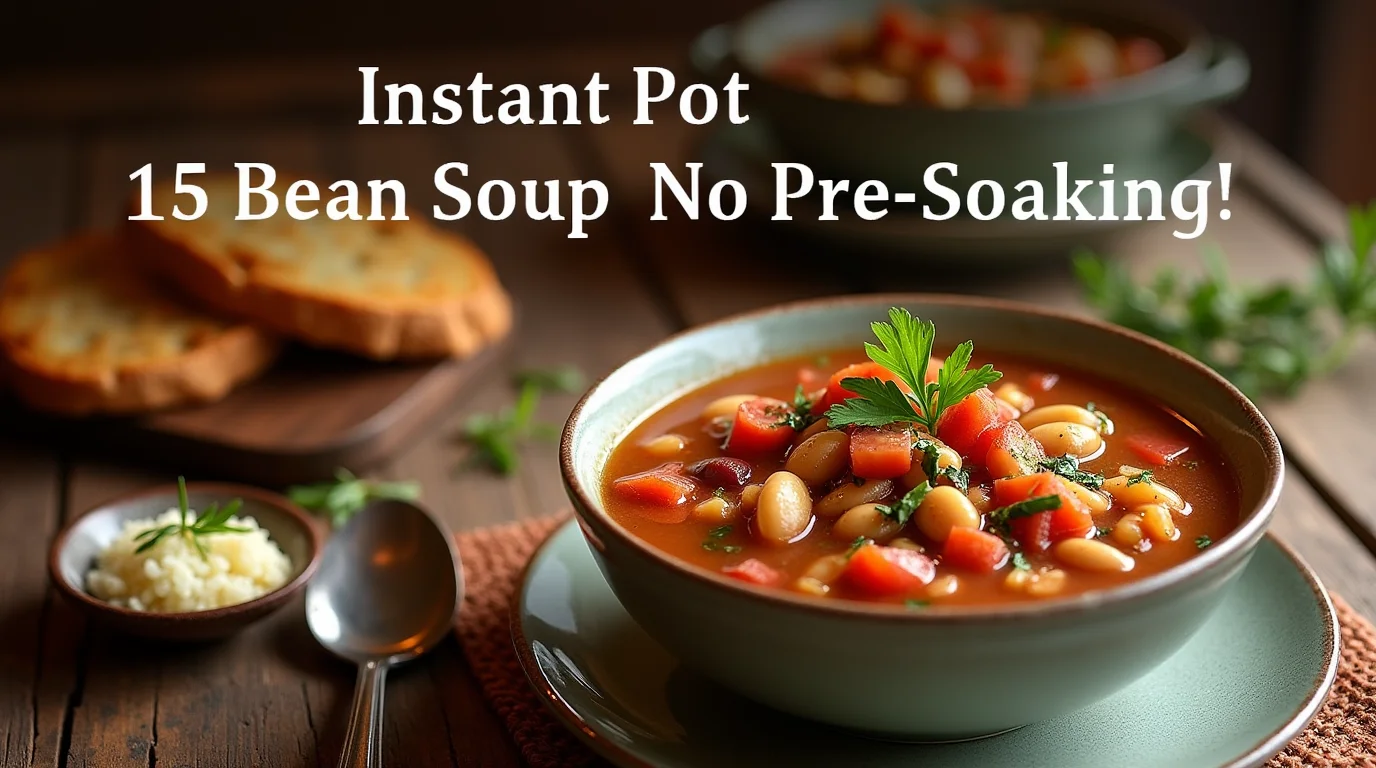 A hearty bowl of Instant Pot 15 Bean Soup, filled with colorful beans, diced tomatoes, and vegetables, garnished with fresh herbs.