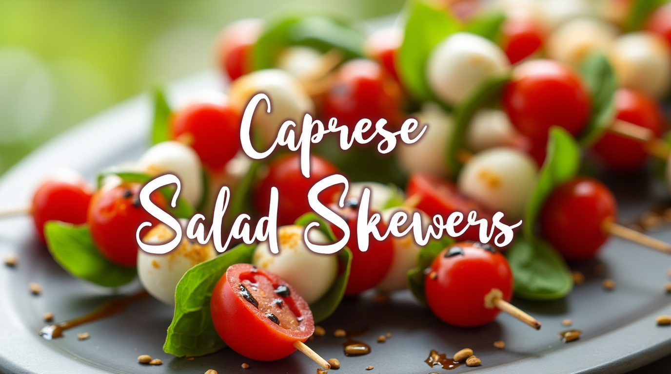 A close-up of Caprese salad skewers featuring cherry tomatoes, fresh mozzarella balls, and basil leaves, drizzled with balsamic glaze and served on a white platter.