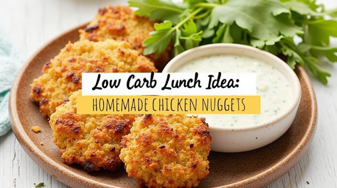 A plate of golden, crispy homemade chicken nuggets served with a side of dipping sauce and fresh greens.