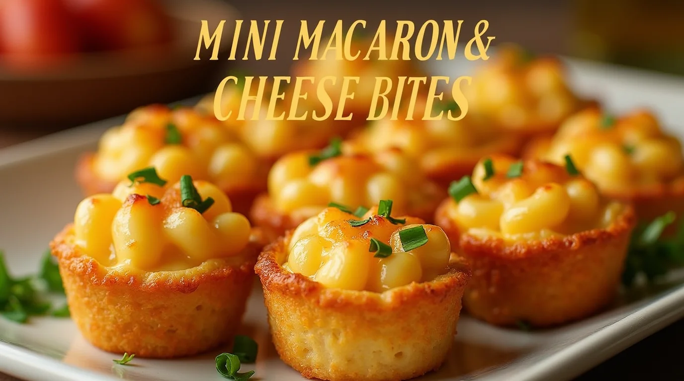 Golden, crispy mini macaroni and cheese bites arranged on a plate, garnished with fresh parsley.