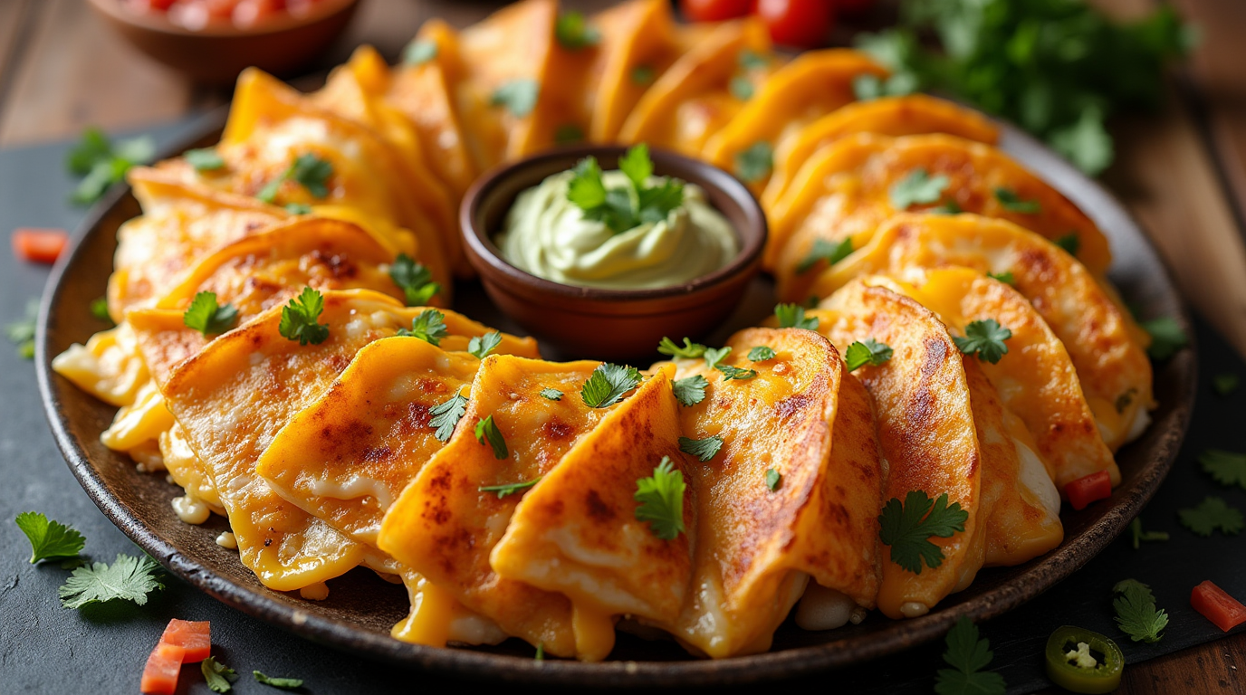 A golden-brown blooming quesadilla ring arranged in a circular pattern, with crispy tortilla wedges filled with melted cheese and seasoned fillings, served with a bowl of salsa in the center.