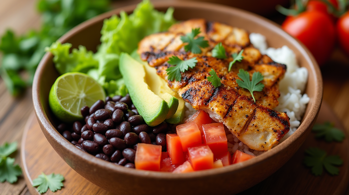 Grilled chicken burrito bowl with rice, beans, and fresh toppings.