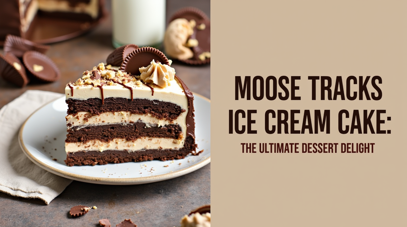 A slice of moose tracks ice cream cake with layers of chocolate and vanilla ice cream, swirled with fudge ribbons and topped with crushed peanut butter cups, served on a dessert plate.