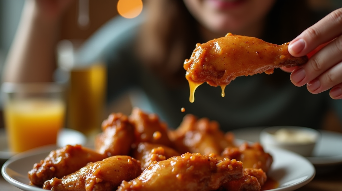 Golden honey lemon pepper wings served on a platter with garnished herbs.