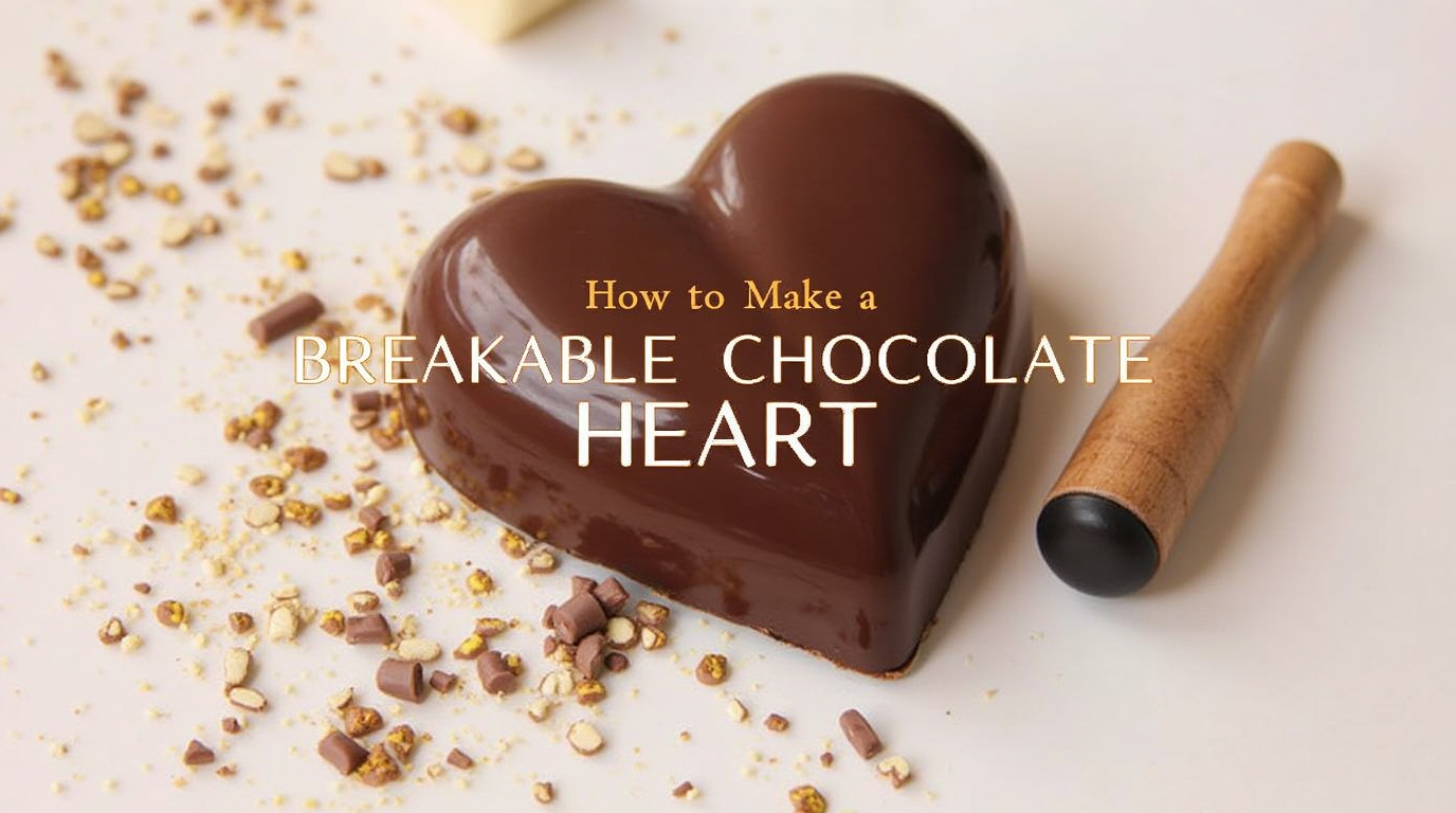 A glossy, heart-shaped chocolate shell with a small wooden mallet, ready to be broken open to reveal hidden treats inside.