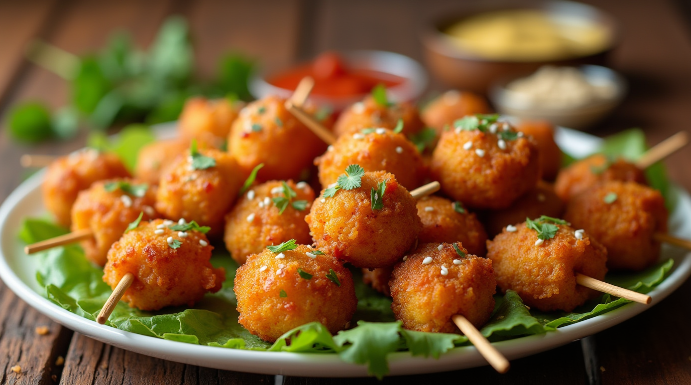 Crispy, golden-brown veg lollipops served on a plate with a side of spicy dipping sauce, garnished with fresh herbs.