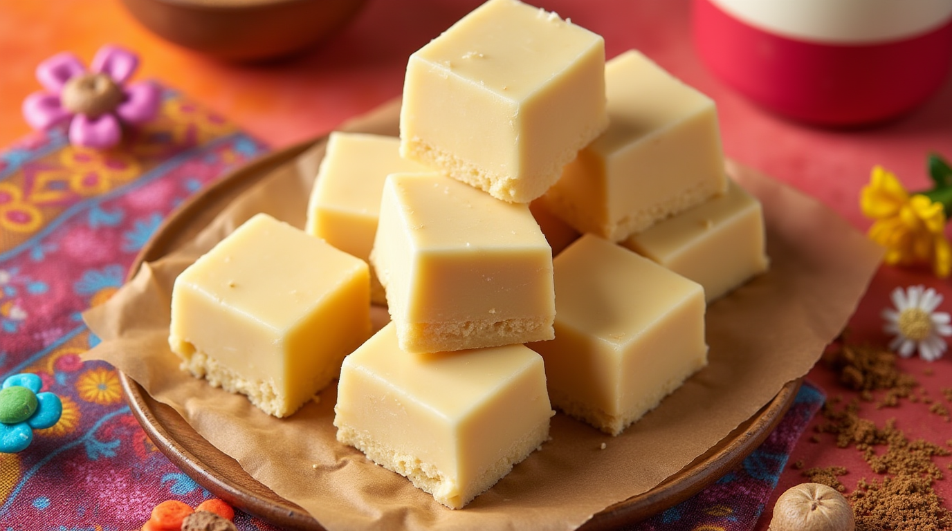 A plate of homemade jamoncillo (Mexican milk fudge) cut into squares, with a smooth, caramel-like texture and garnished with chopped nuts.