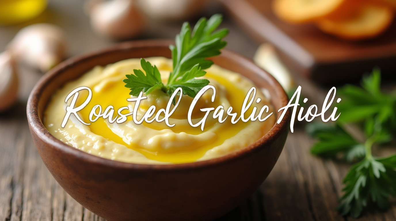 A small bowl of creamy roasted garlic aioli, garnished with fresh herbs, surrounded by roasted garlic cloves and lemon wedges.