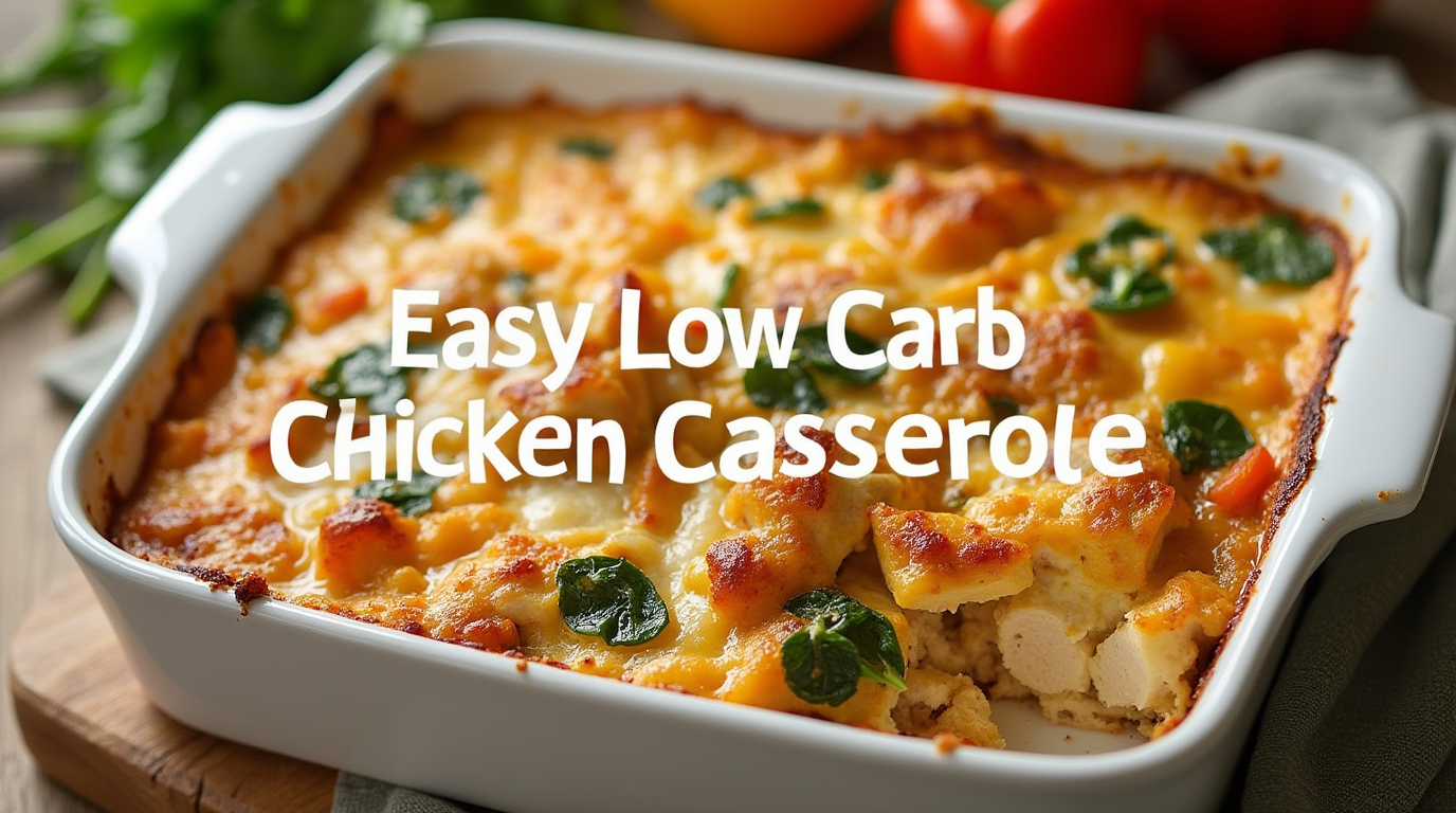 A freshly baked low-carb chicken casserole in a white baking dish, topped with melted cheese and garnished with fresh herbs.