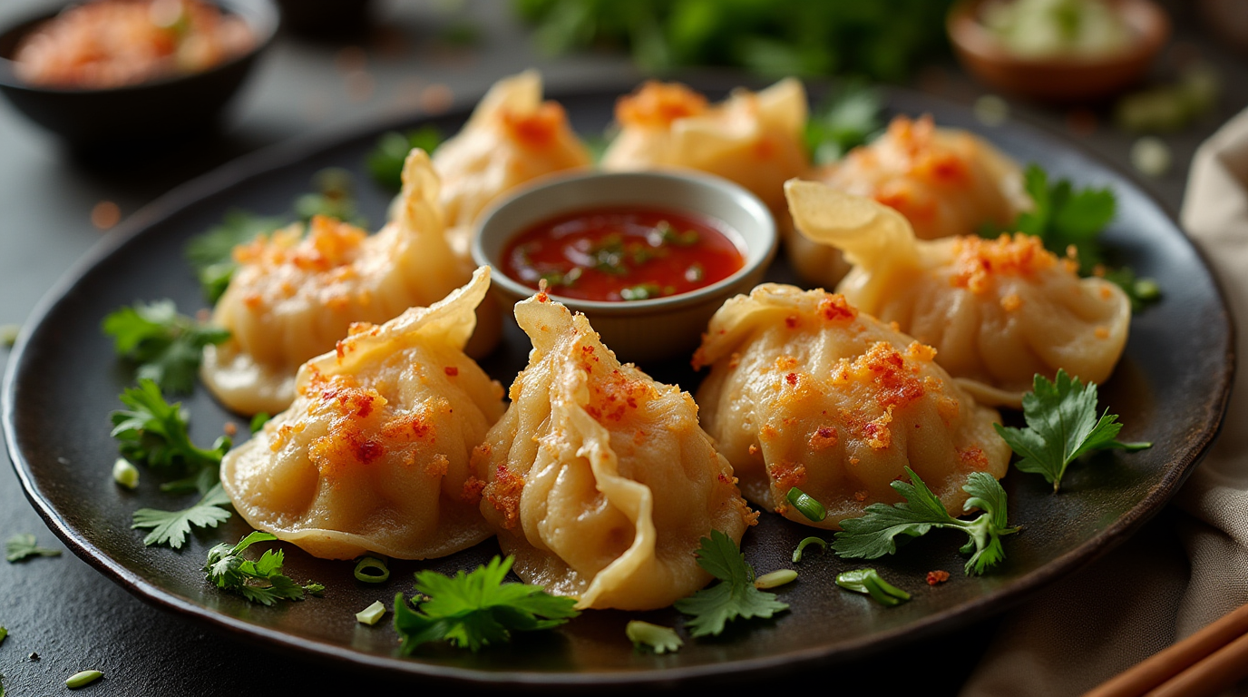 A plate of golden-brown crispy rice paper dumplings filled with prawns, garnished with fresh herbs and a side of dipping sauce.