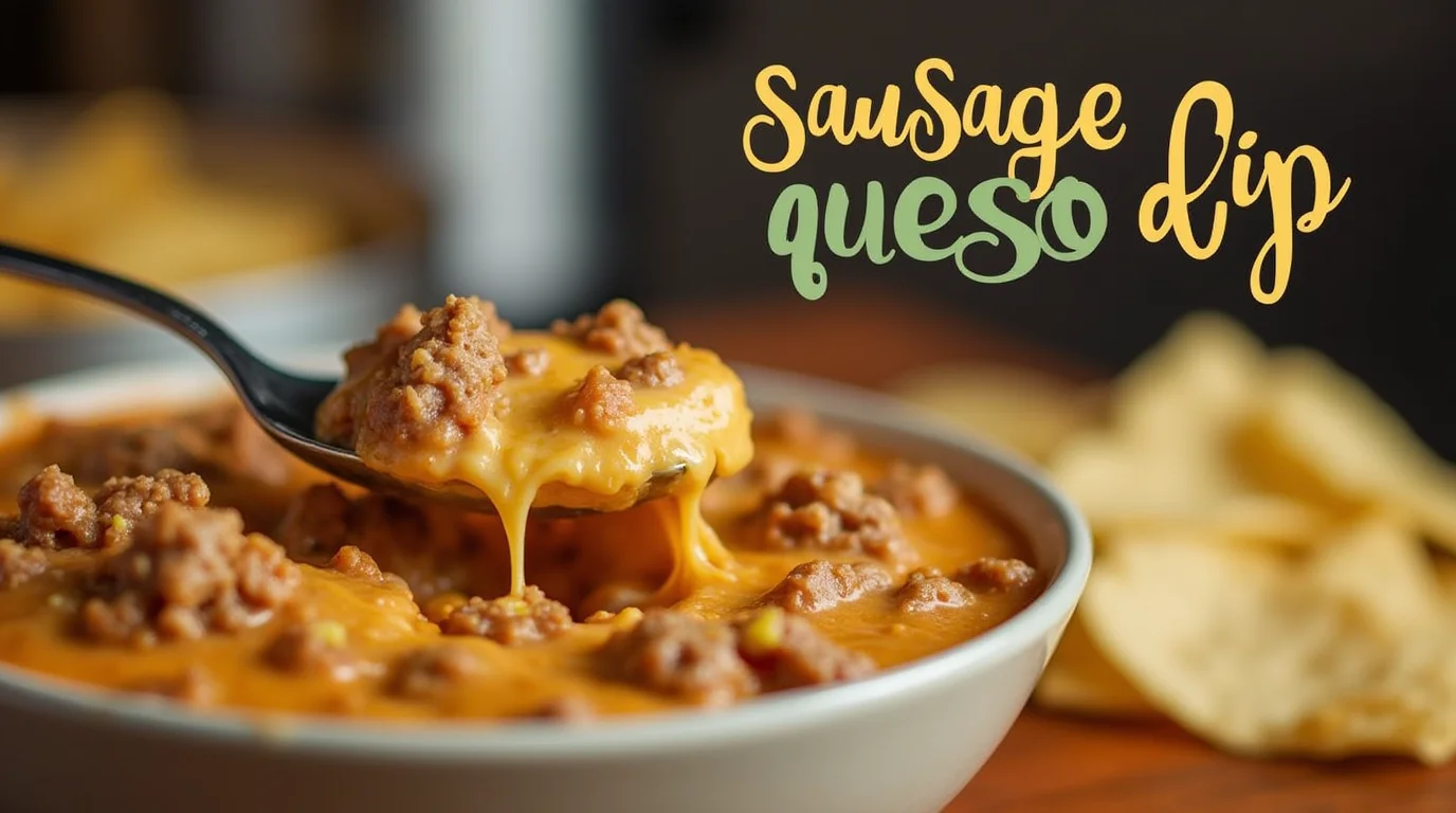 A bowl of creamy sausage queso dip garnished with chopped cilantro, surrounded by tortilla chips on a wooden table.