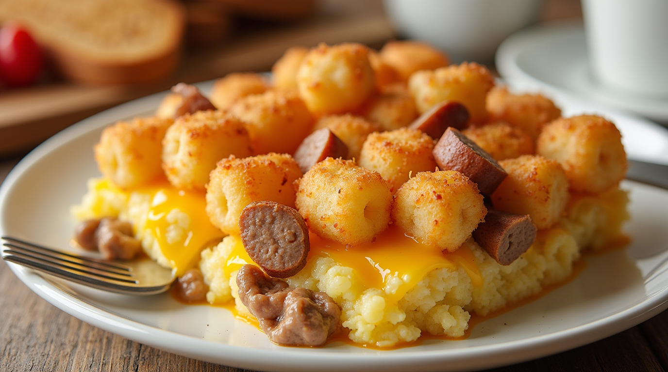 A golden-brown Tater Tot Sausage Breakfast Casserole, topped with crispy tater tots, melted cheese, and garnished with fresh herbs, served in a white baking dish.