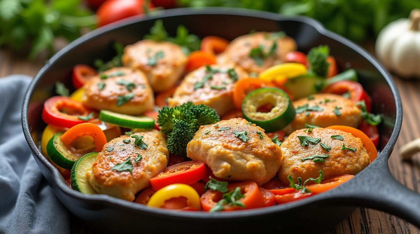 A colorful skillet filled with healthy chicken breast pieces and a variety of fresh vegetables like bell peppers, zucchini, and broccoli, all cooked to perfection.