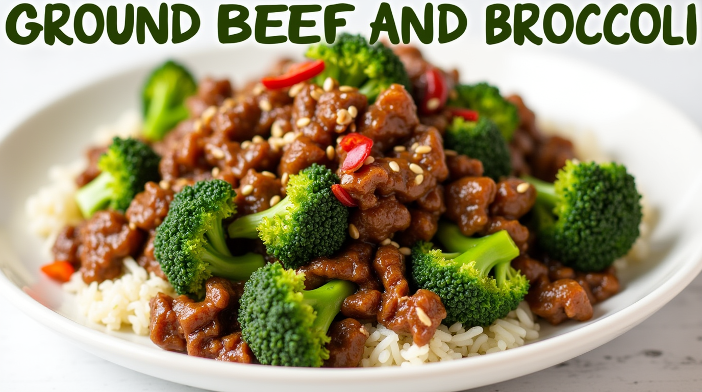 A delicious plate of Honey Garlic Ground Beef and Broccoli served over a bed of white rice, garnished with sesame seeds and a sprinkle of red pepper flakes.