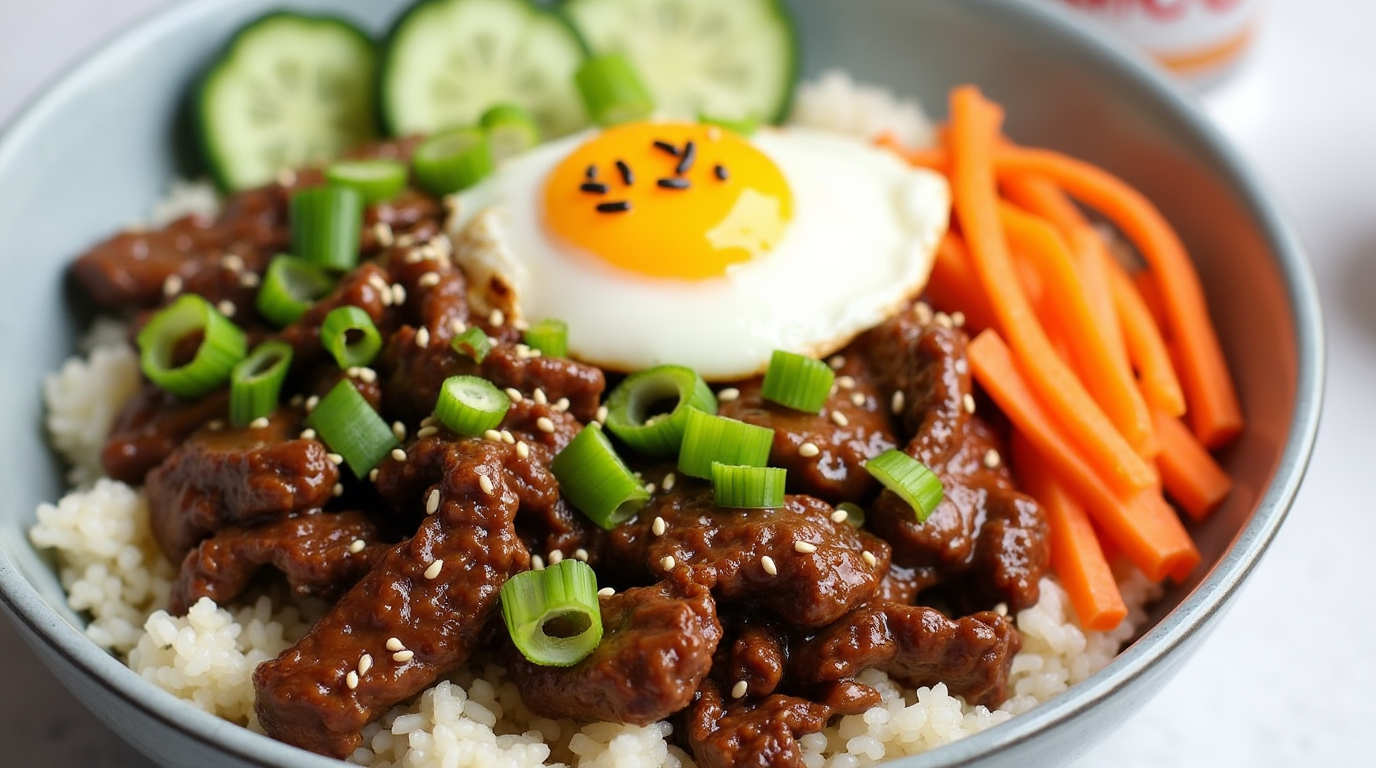 A delicious Korean Beef Bowl featuring savory ground beef glazed in a sweet and spicy sauce, served over white rice and topped with a fried egg, sesame seeds, and fresh vegetables like cucumber and pickled carrots.