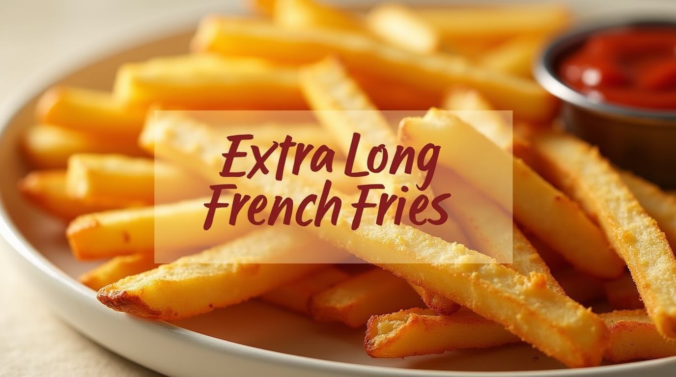 A plate of extra-long, golden-brown crispy French fries served with a side of ketchup and sprinkled with salt.