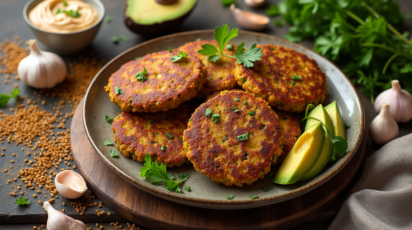 Golden, crispy lentil patties served on a plate, garnished with fresh herbs and accompanied by a dipping sauce.