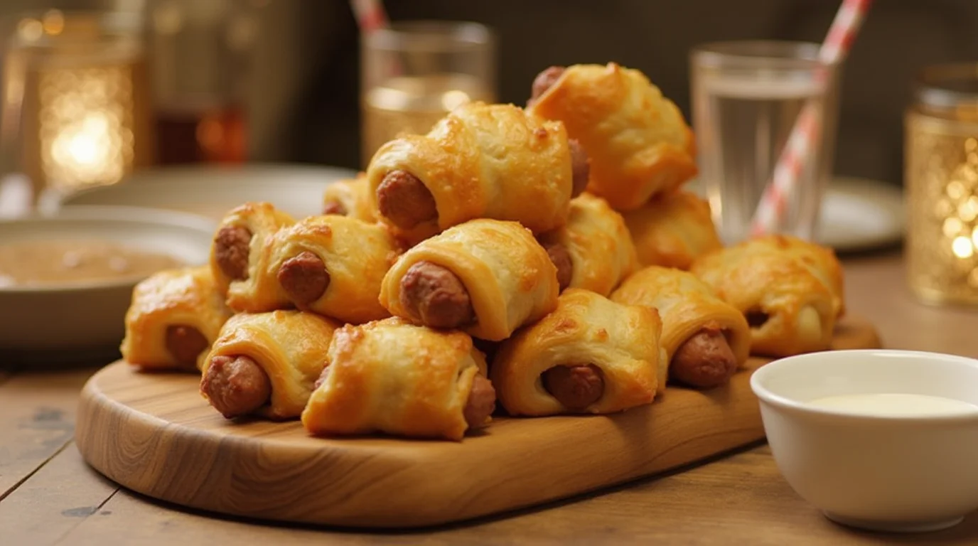 A plate of golden, flaky sausage rolls with a crispy puff pastry crust, served with a side of dipping sauce.