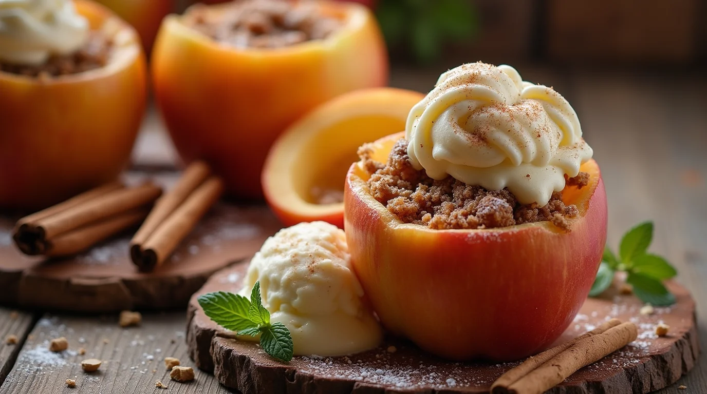 Warm, golden-baked cinnamon apples with a sprinkle of sugar and cinnamon, served in a dish.