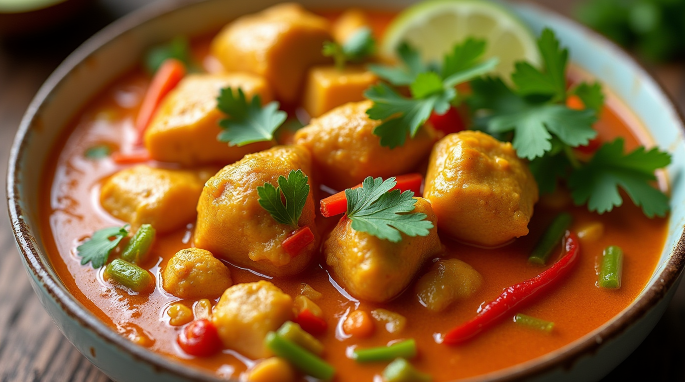 A bowl of Coconut Thai Curry Chicken garnished with fresh cilantro and red chili slices, served over jasmine rice.