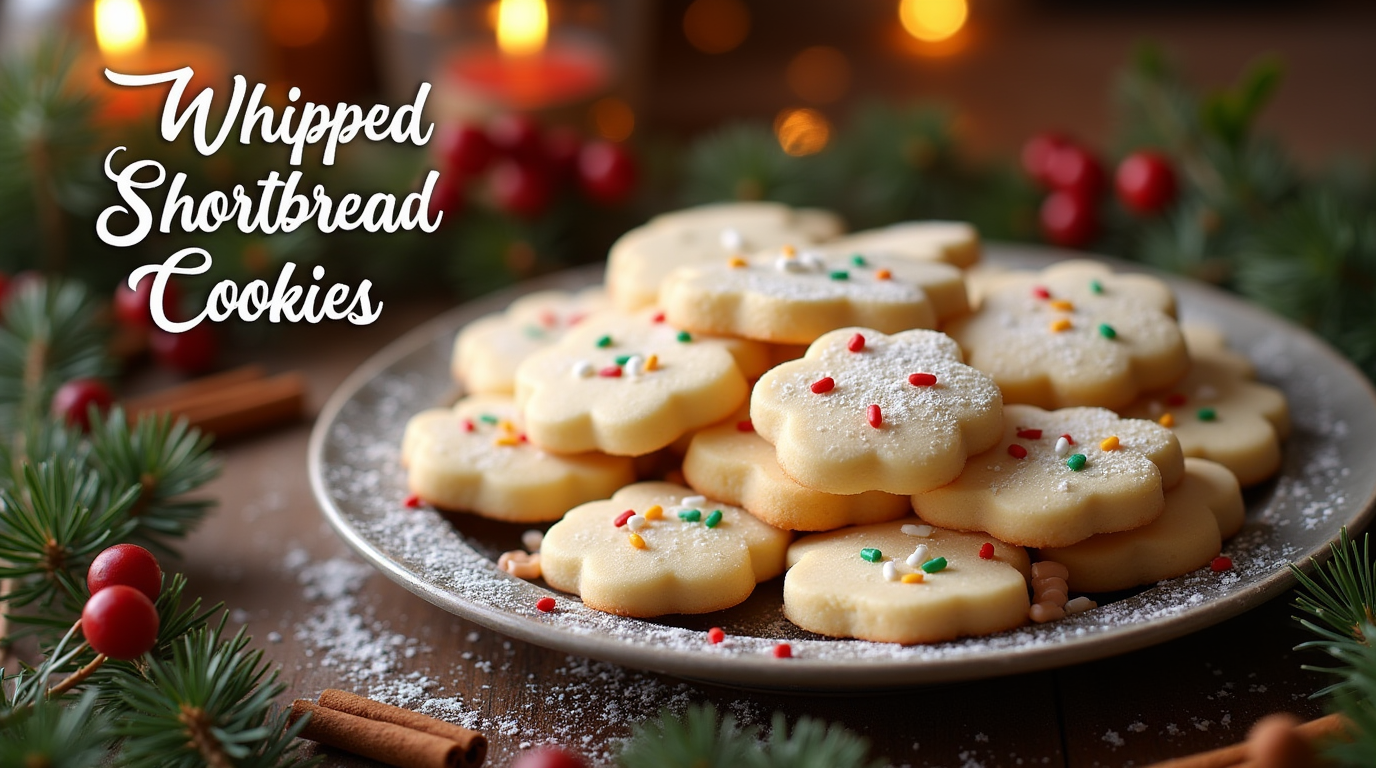 Close-up of delicate, buttery whipped shortbread cookies dusted with powdered sugar and topped with colorful sprinkles.