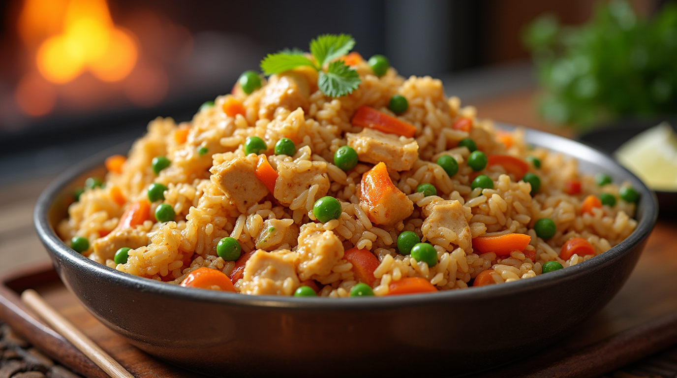 Delicious plate of restaurant-style chicken fried rice with tender chicken, colorful vegetables, and fragrant rice, garnished with green onions.