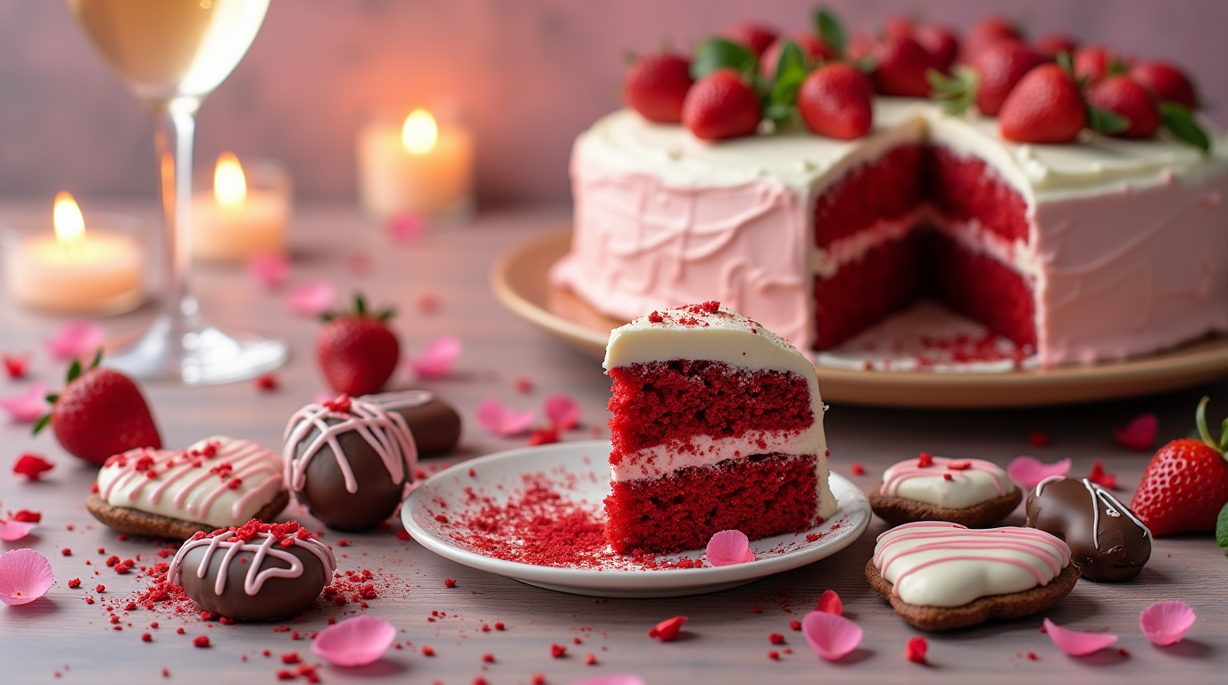 A romantic spread of Valentine's Day-themed dishes, including heart-shaped pancakes, chocolate-covered strawberries, and a cozy candlelit setting.
