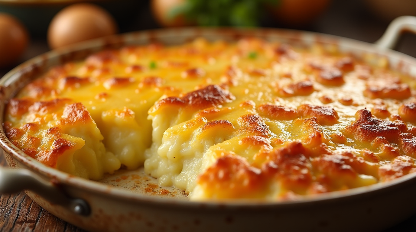 A baking dish filled with The Ultimate Cheesy Au Gratin Potatoes, featuring thinly sliced potatoes layered with a rich, creamy cheese sauce, baked to golden perfection, and garnished with fresh herbs.