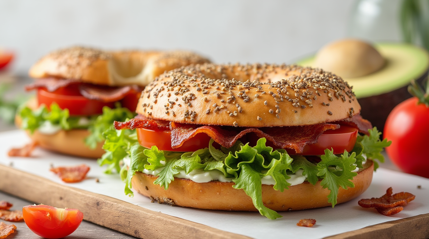 Close-up of a California BLT Chopped Bagel with crispy bacon, fresh lettuce, tomato slices, and avocado chunks, served on a toasted bagel.