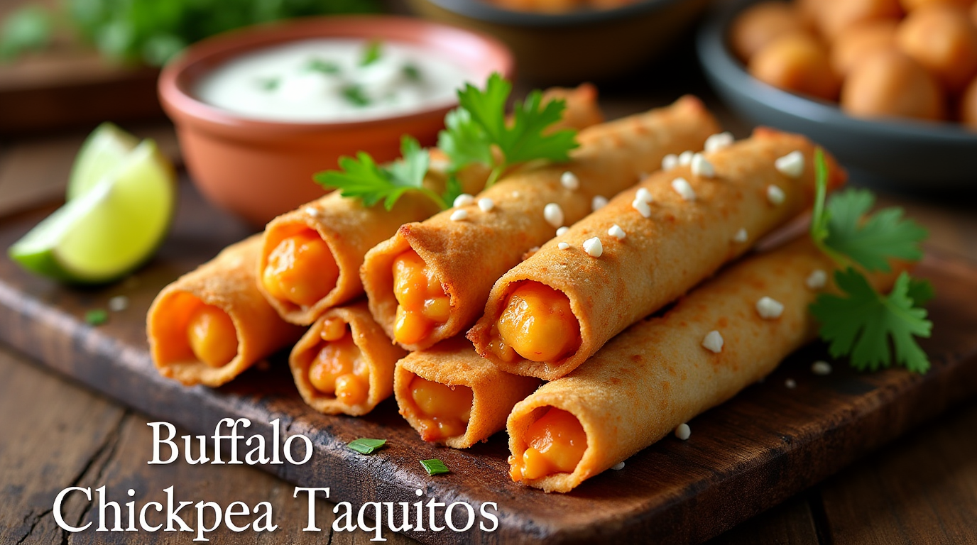 A plate of crispy Buffalo Chickpea Taquitos served with a side of vegan ranch dressing, garnished with fresh cilantro and green onions. A person in the background is taking a bite, enjoying the spicy and flavorful dish.