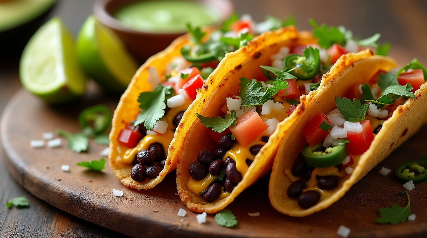 A plate of crispy black bean tacos with a golden, crunchy shell, filled with seasoned black beans, topped with fresh cilantro, diced tomatoes, and jalapeños. A side of creamy avocado-lime sauce and lime wedges complete the dish.