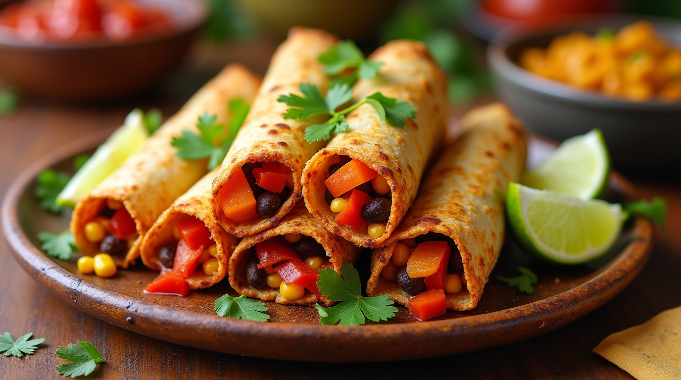 A plate of golden, crispy vegan taquitos filled with a flavorful plant-based filling, served with a side of guacamole, vegan sour cream, and fresh salsa. Garnished with chopped cilantro and lime wedges.