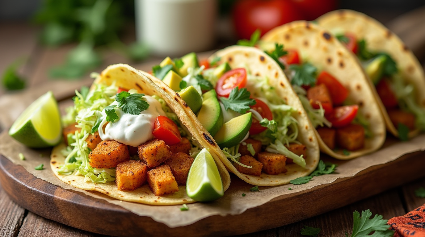 A plate of Vegan Potato Soft Tacos filled with seasoned mashed potatoes, topped with fresh avocado, diced tomatoes, shredded lettuce, and a drizzle of vegan crema, served with lime wedges on a rustic wooden table.