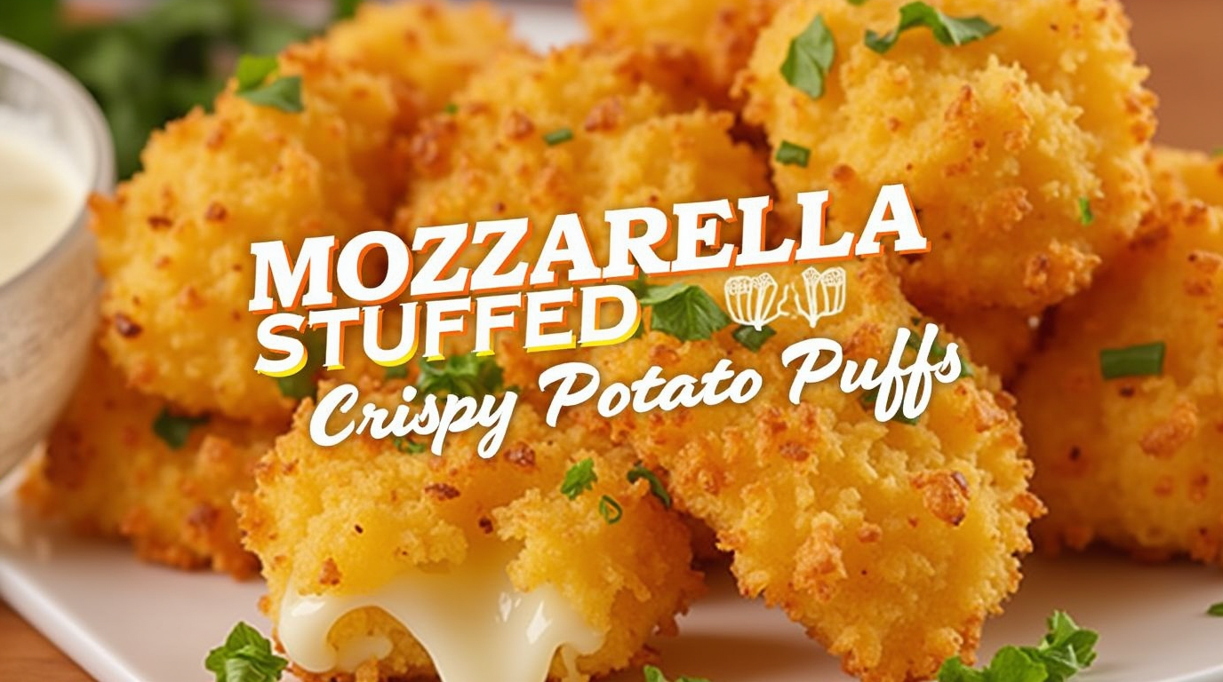 A plate of golden-brown Mozzarella Stuffed Crispy Potato Puffs, with one cut open to reveal gooey, melted cheese inside, garnished with fresh parsley and served with a side of marinara sauce.