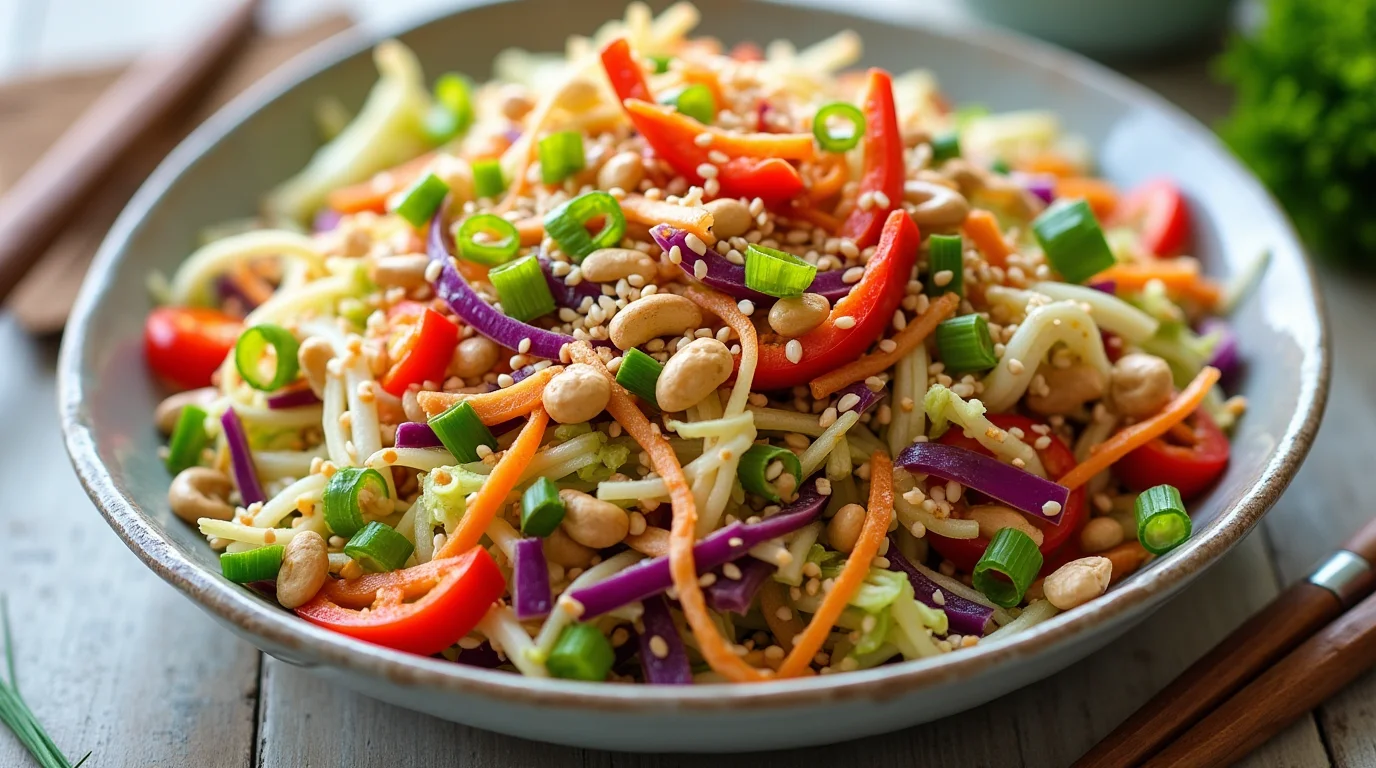 A vibrant bowl of Crunchy Asian Coleslaw filled with shredded cabbage, carrots, red bell peppers, and green onions, topped with sesame seeds and crushed peanuts, drizzled with a tangy Asian dressing.