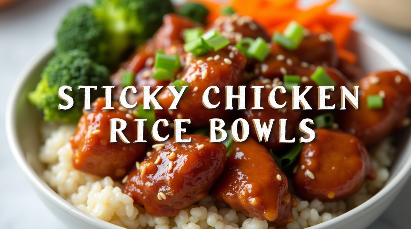 A close-up of a sticky chicken rice bowl with glazed chicken pieces, fluffy white rice, and fresh garnishes like sesame seeds and chopped green onions, served in a ceramic bowl.