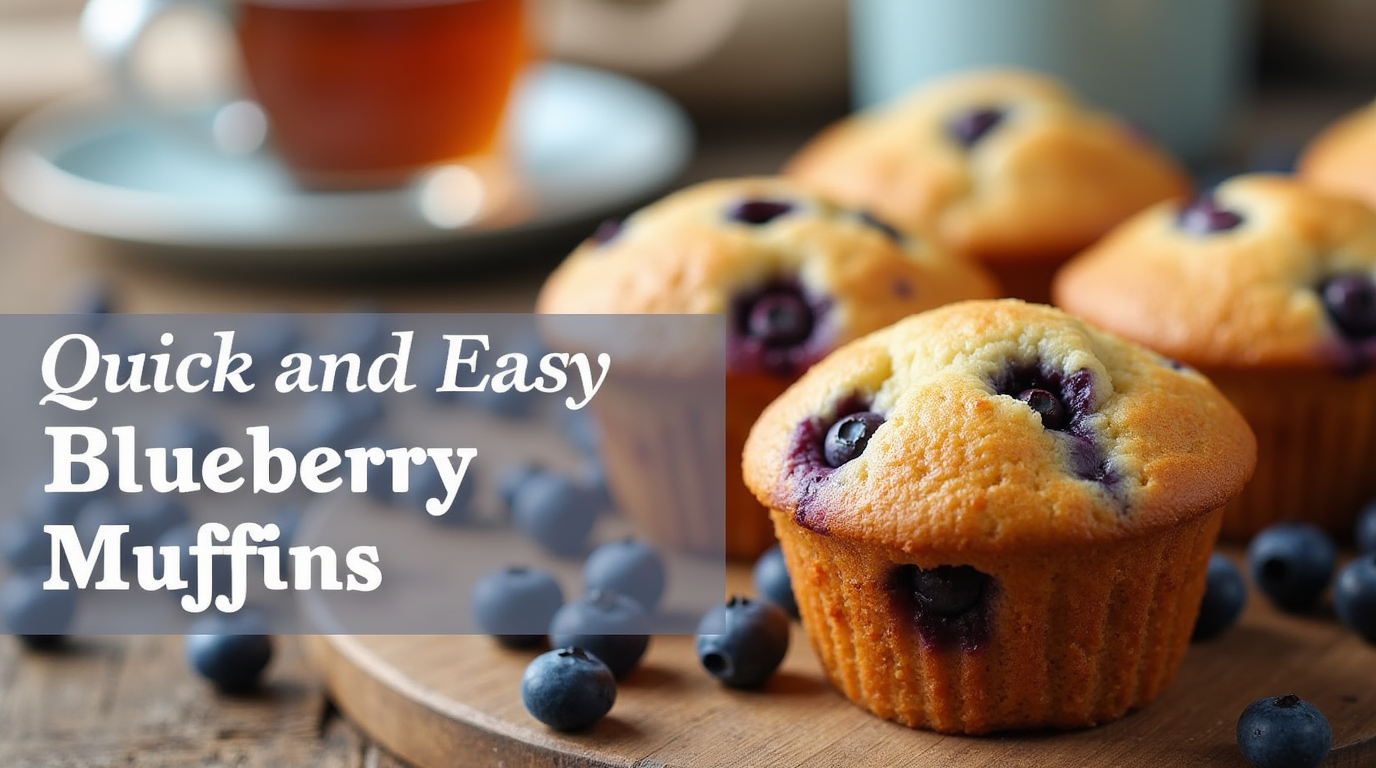 A batch of freshly baked blueberry muffins with golden-brown tops, bursting with juicy blueberries, served on a wooden tray with a cup of coffee.